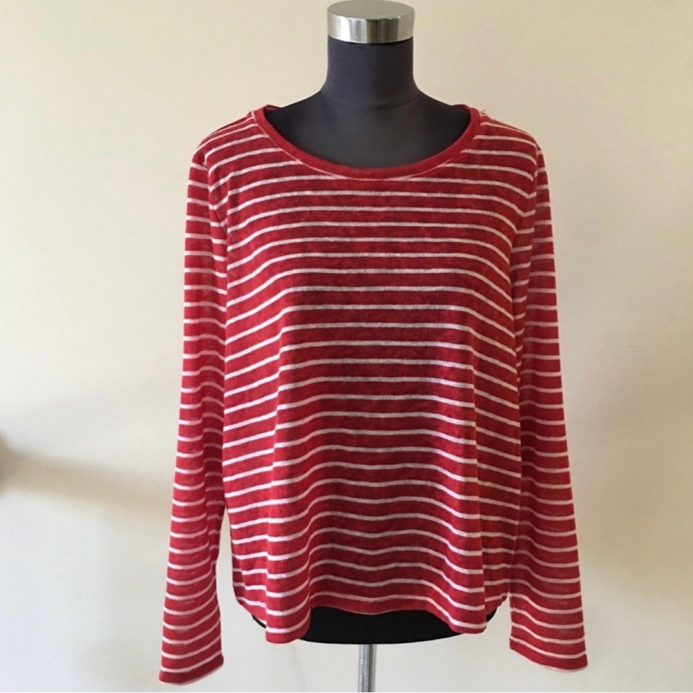 Red and White Striped Stylish Long Sleeve Knit Blouse Top
